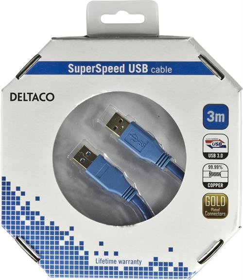 DELTACO USB 3.0 kaapeli Tyyppi A uros - Tyyppi A uros, 3m, sininen