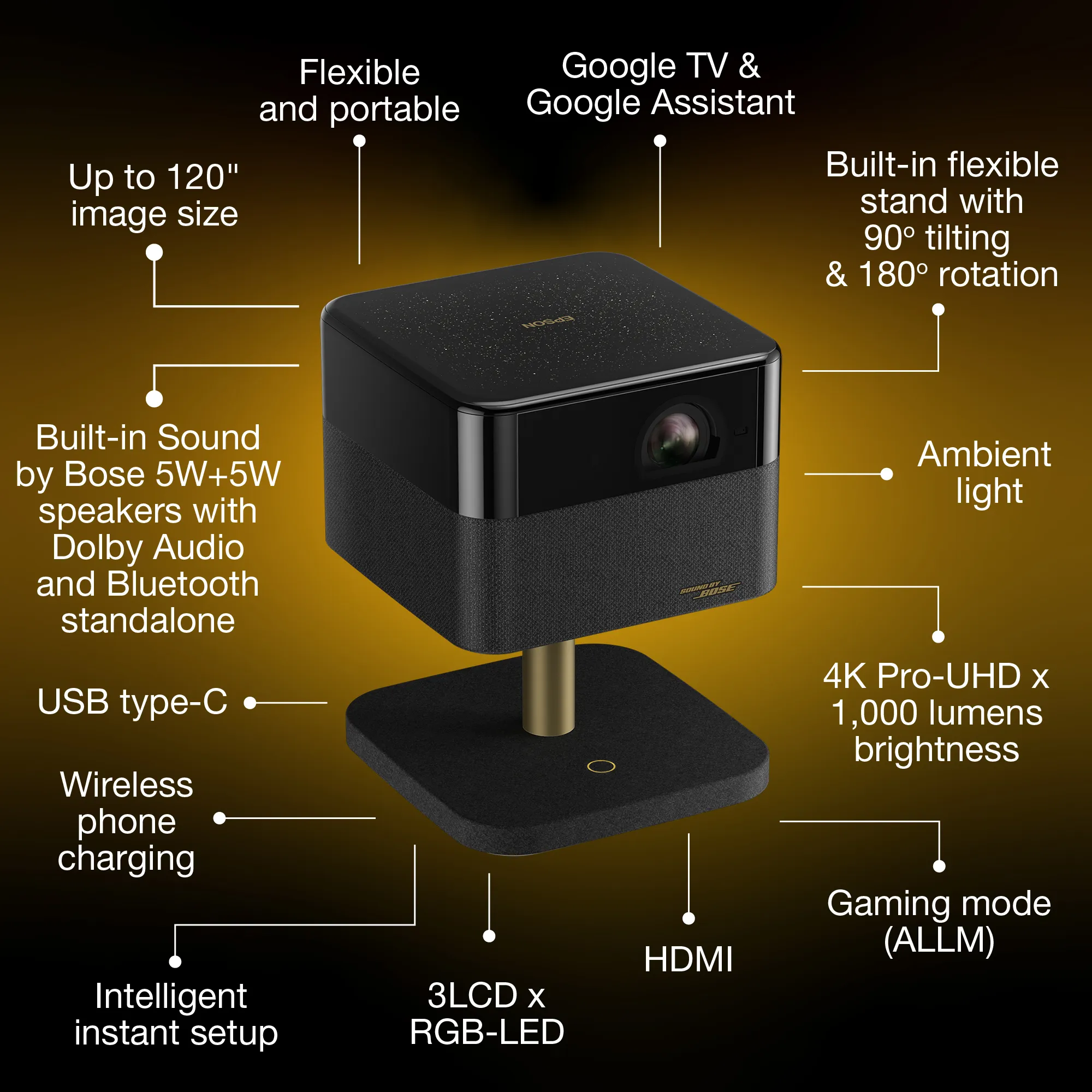 Epson LifeStudio Flex EF-73 Google TV 3LCD 4K UHD 1000 ANSI lm Portable LED Projector, Black