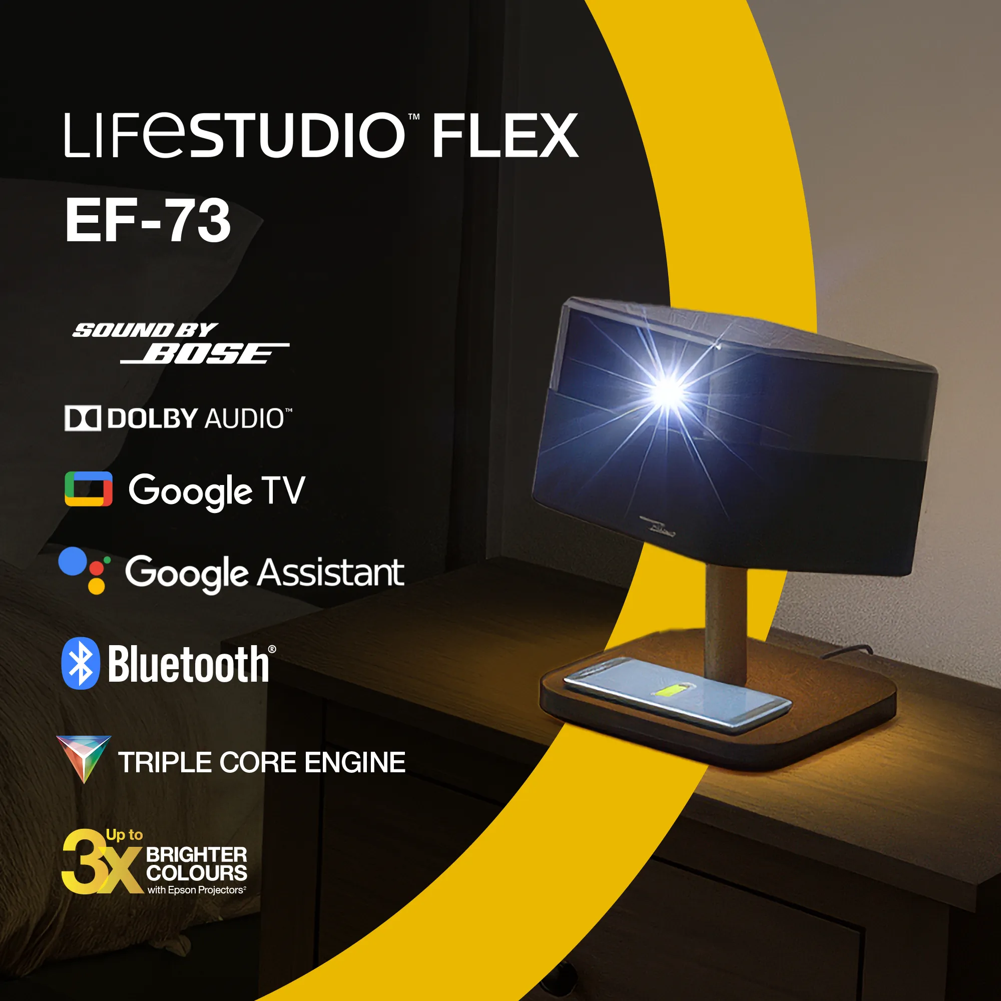 Epson LifeStudio Flex EF-73 Google TV 3LCD 4K UHD 1000 ANSI lm Portable LED Projector, Black