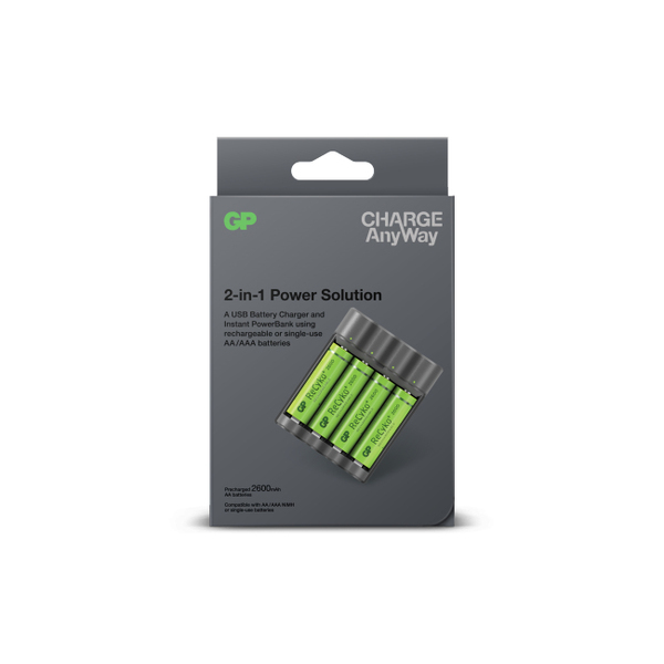 GP Charge AnyWay 2-in-1 USB Battery Charger, incl. 4 x AA 2600 mAh Batteries