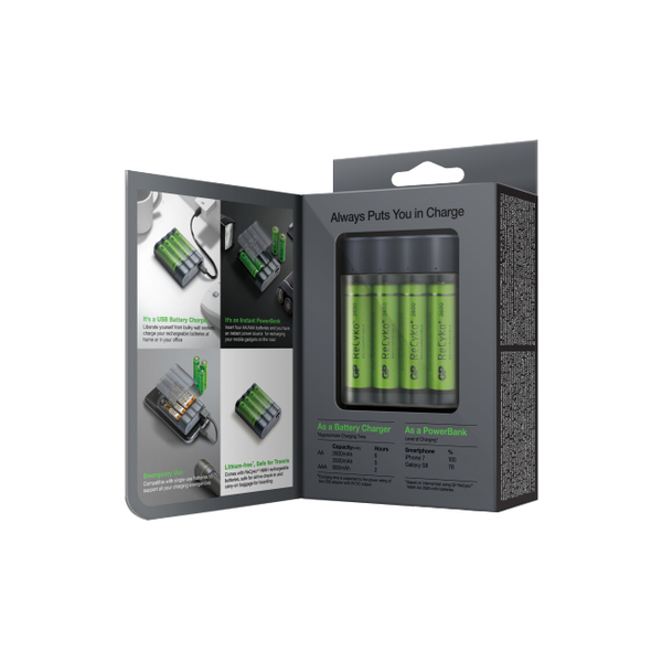 GP Charge AnyWay 2-in-1 USB Battery Charger, incl. 4 x AA 2600 mAh Batteries