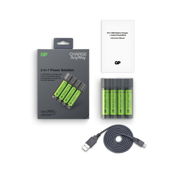 GP Charge AnyWay 2-in-1 USB Battery Charger, incl. 4 x AA 2600 mAh Batteries