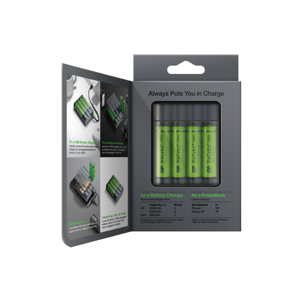 GP Charge AnyWay 2-in-1 USB Battery Charger, incl. 4 x AA 2600 mAh Batteries