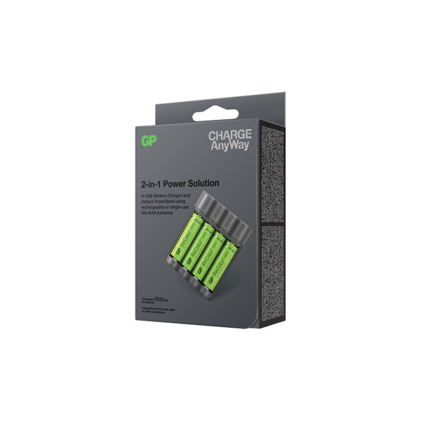 GP Charge AnyWay 2-in-1 USB Battery Charger, incl. 4 x AA 2600 mAh Batteries