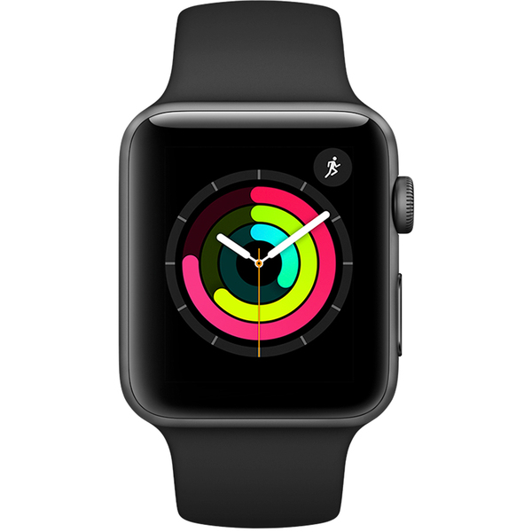 Apple&nbsp;Watch Series&nbsp;3 GPS, 42mm Aluminiumboett i rymdgr&aring;tt med sportband i svart