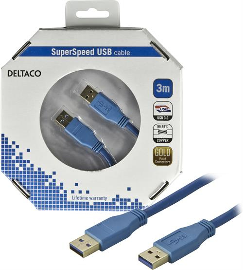 DELTACO USB 3.0 kaapeli Tyyppi A uros - Tyyppi A uros, 3m, sininen