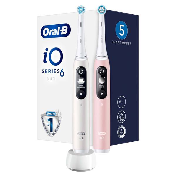 Oral-B iO6 Series - eltandborste, 2st, vit + pink