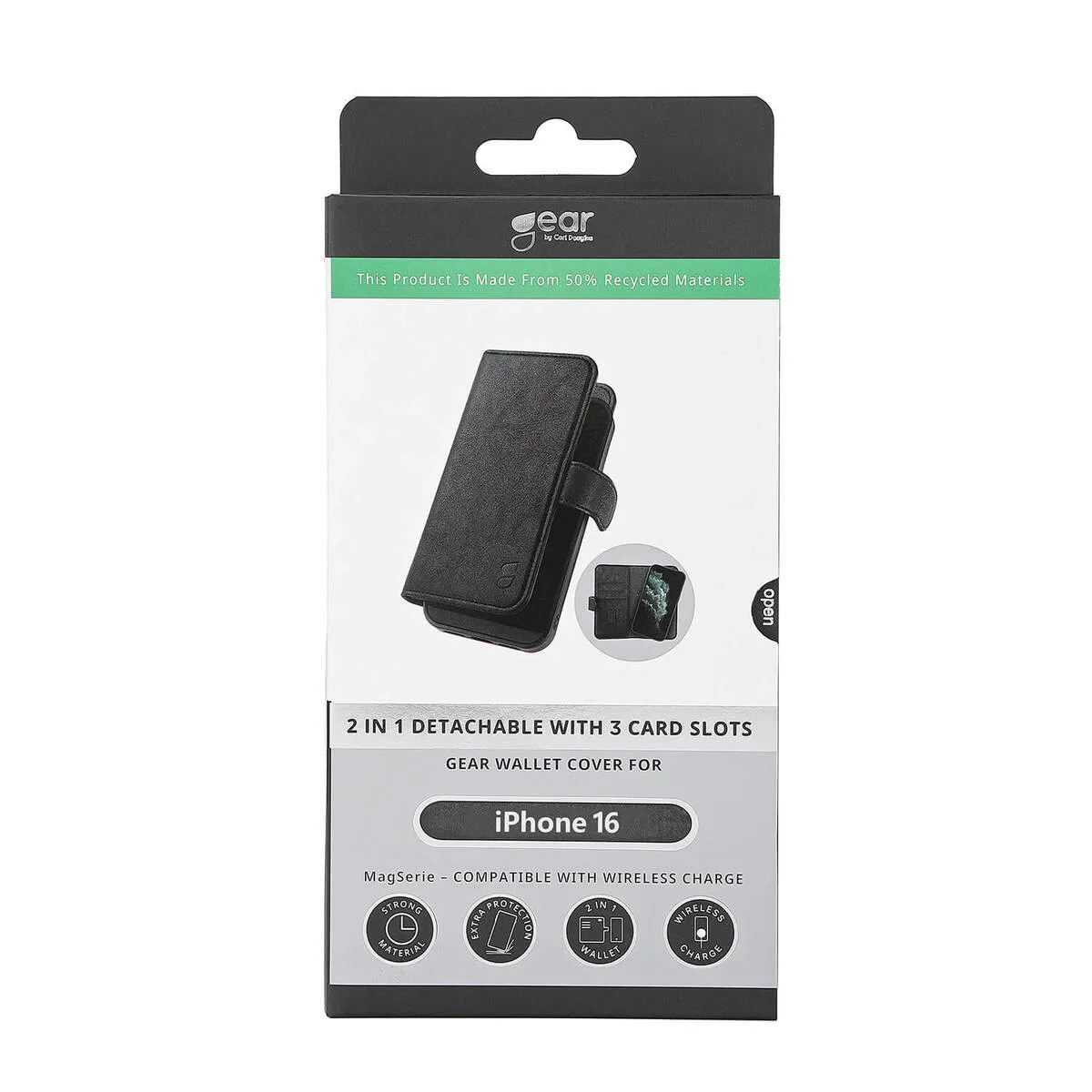 GEAR Wallet MagSeries, iPhone 16 - 2-in-1 Wallet Case, Black