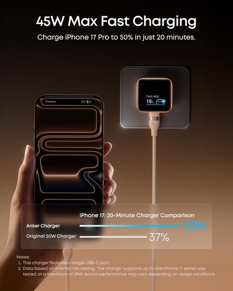 Anker Nano 45W Smart Display (A121DG21) - USB-C-laturi, valkoinen