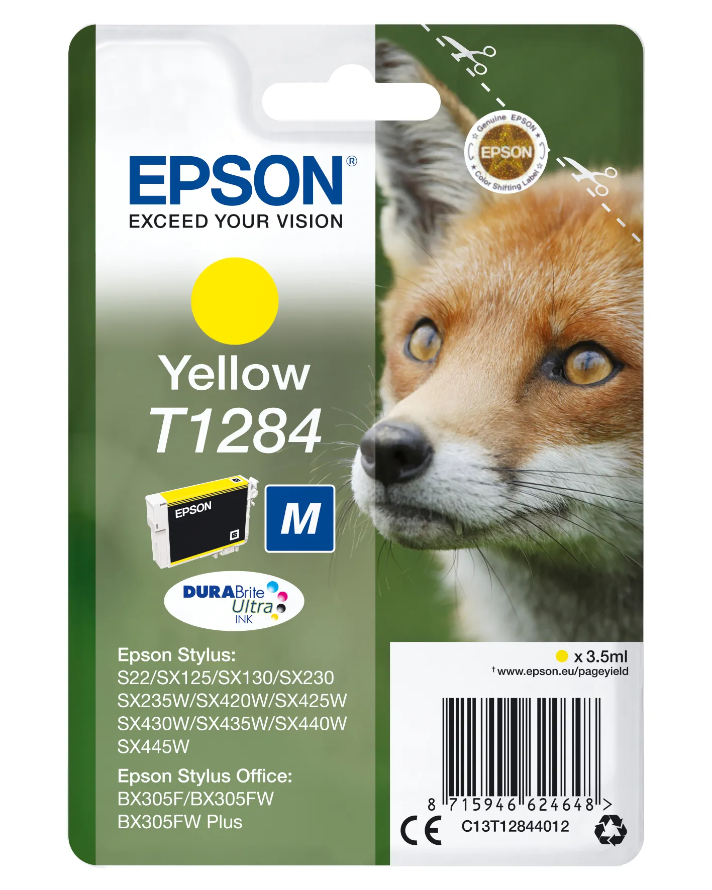 Epson T1284 - M-koko - keltainen - alkuper&auml;inen - blister RF:ll&auml;/&auml;&auml;nih&auml;lyttimell&auml; - mustepatruuna malleihin Stylus S22, SX230, SX235, SX420, SX430, SX435, SX438