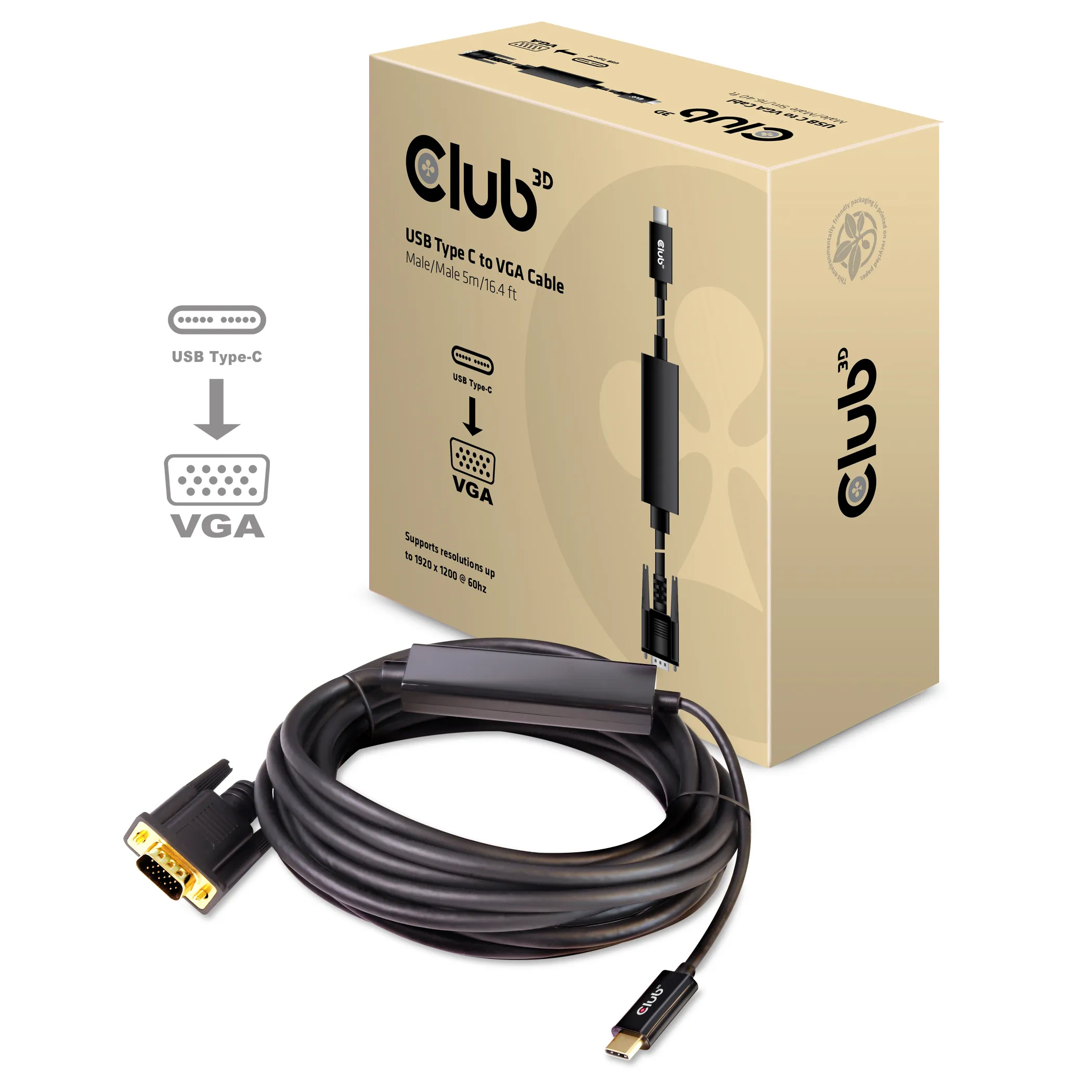 Club 3D USB-C - VGA, hane-hane - kabel, Svart, 5m