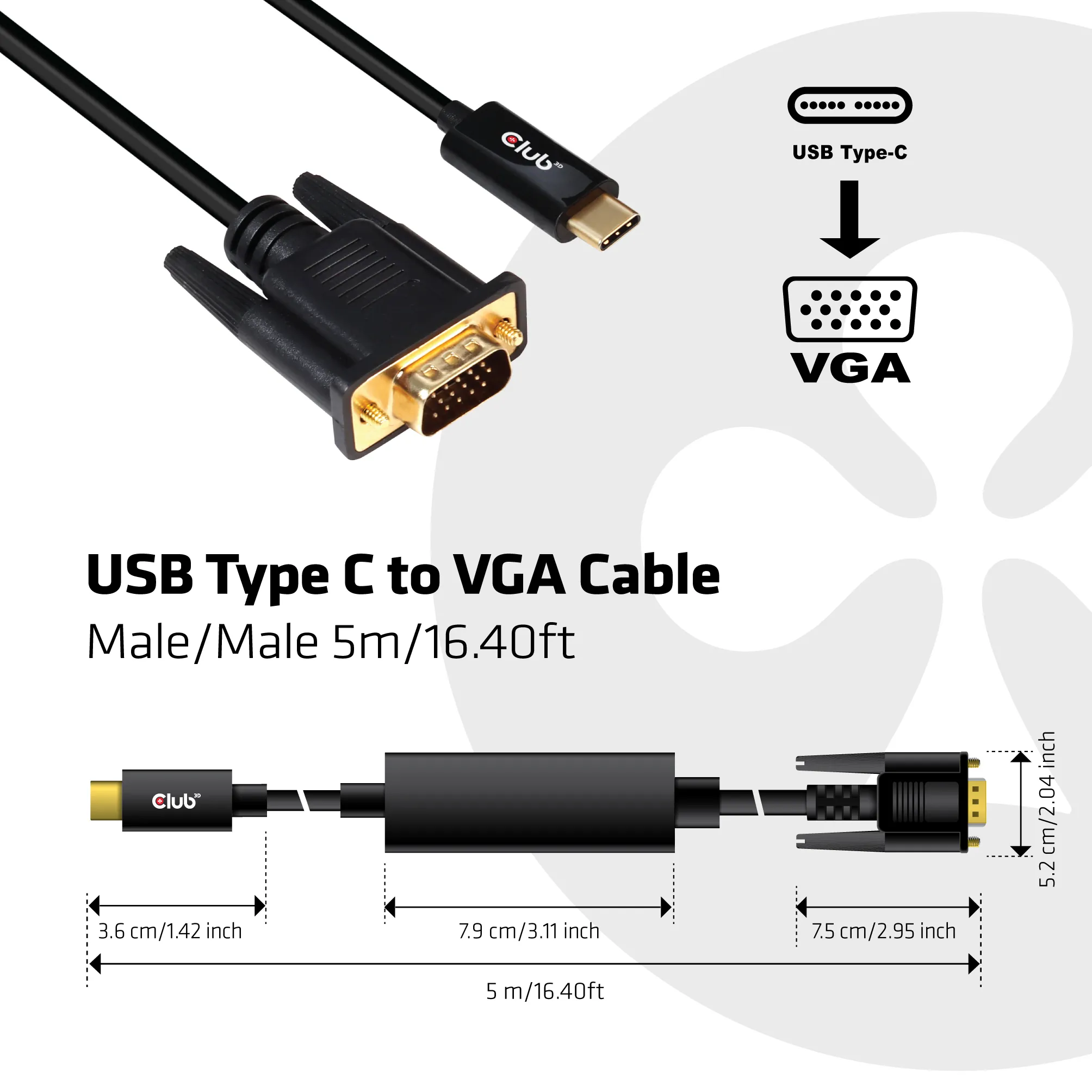 Club 3D USB-C - VGA, hane-hane - kabel, Svart, 5m