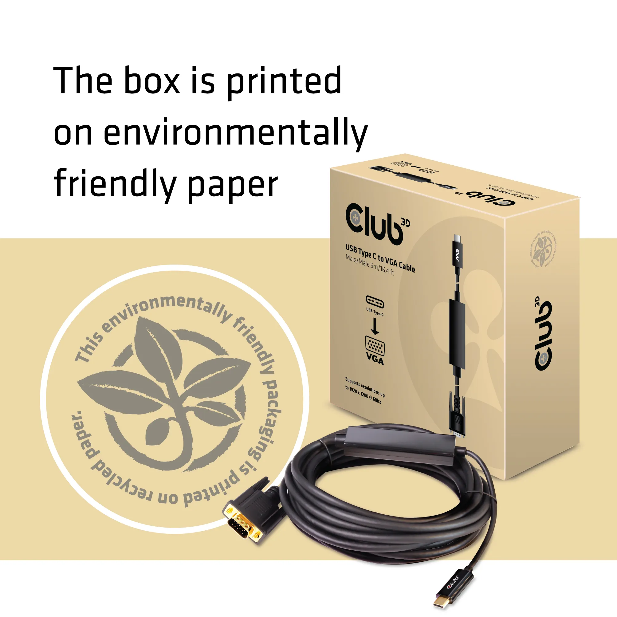 Club 3D USB-C - VGA, hane-hane - kabel, Svart, 5m