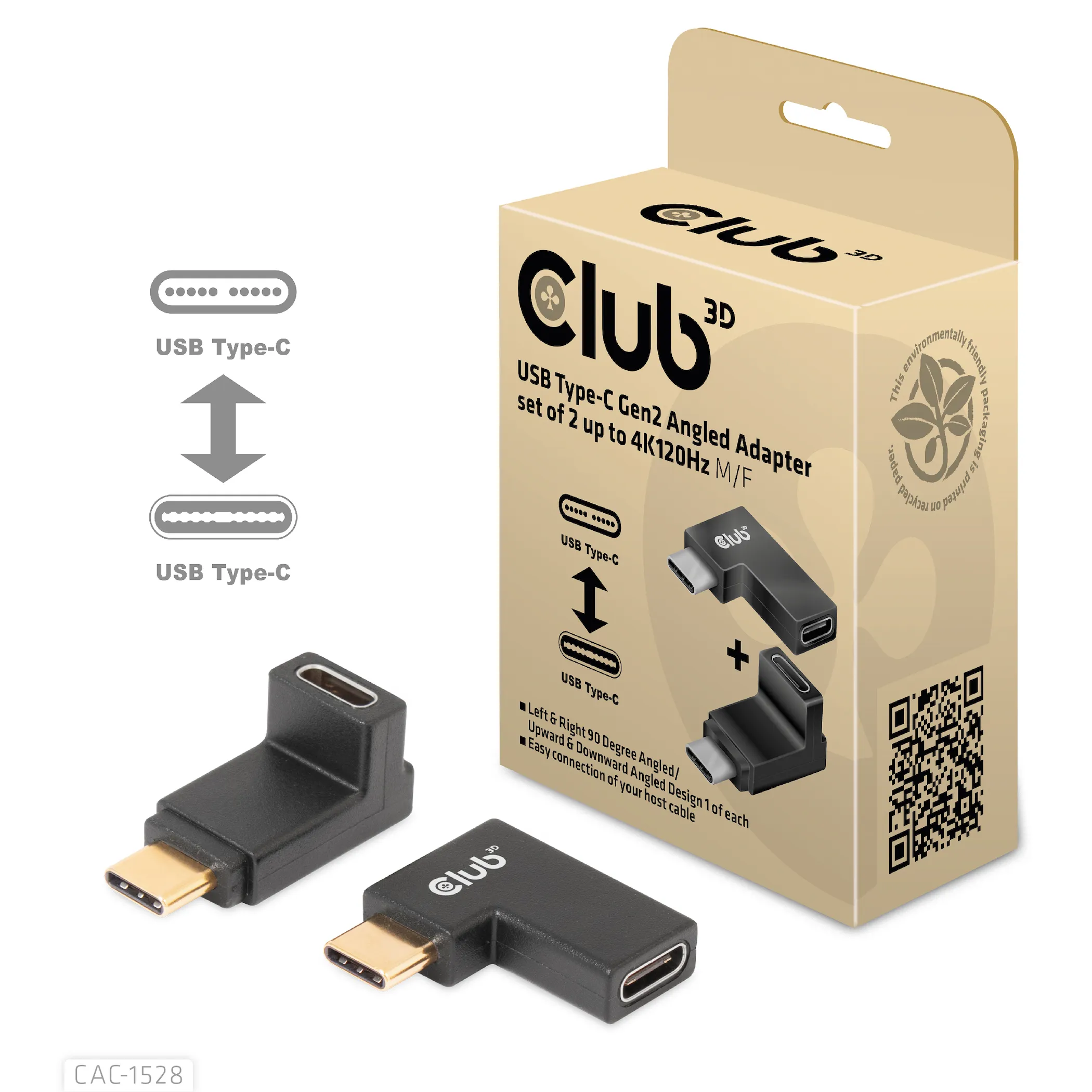 Club 3D USB-C Gen2 hane-hona vinklad - adapter, 4K120Hz, 2-pack, Svart Club 3D USB-C Gen2 hane-hona vinklad - adapter, 4K120Hz, 2-pack, Svart