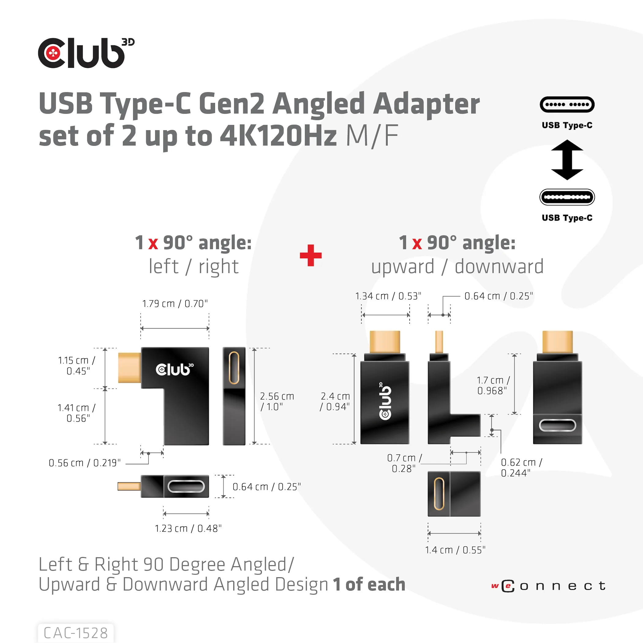 Club 3D USB-C Gen2 hane-hona vinklad - adapter, 4K120Hz, 2-pack, Svart Club 3D USB-C Gen2 hane-hona vinklad - adapter, 4K120Hz, 2-pack, Svart