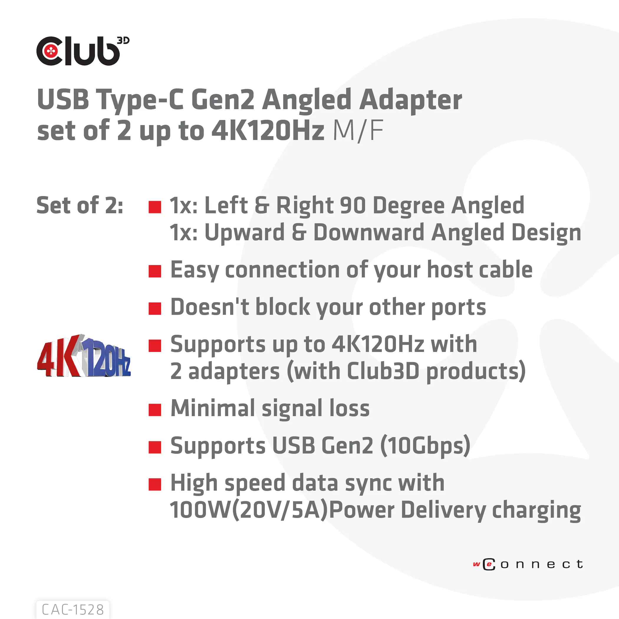 Club 3D USB-C Gen2 hane-hona vinklad - adapter, 4K120Hz, 2-pack, Svart Club 3D USB-C Gen2 hane-hona vinklad - adapter, 4K120Hz, 2-pack, Svart