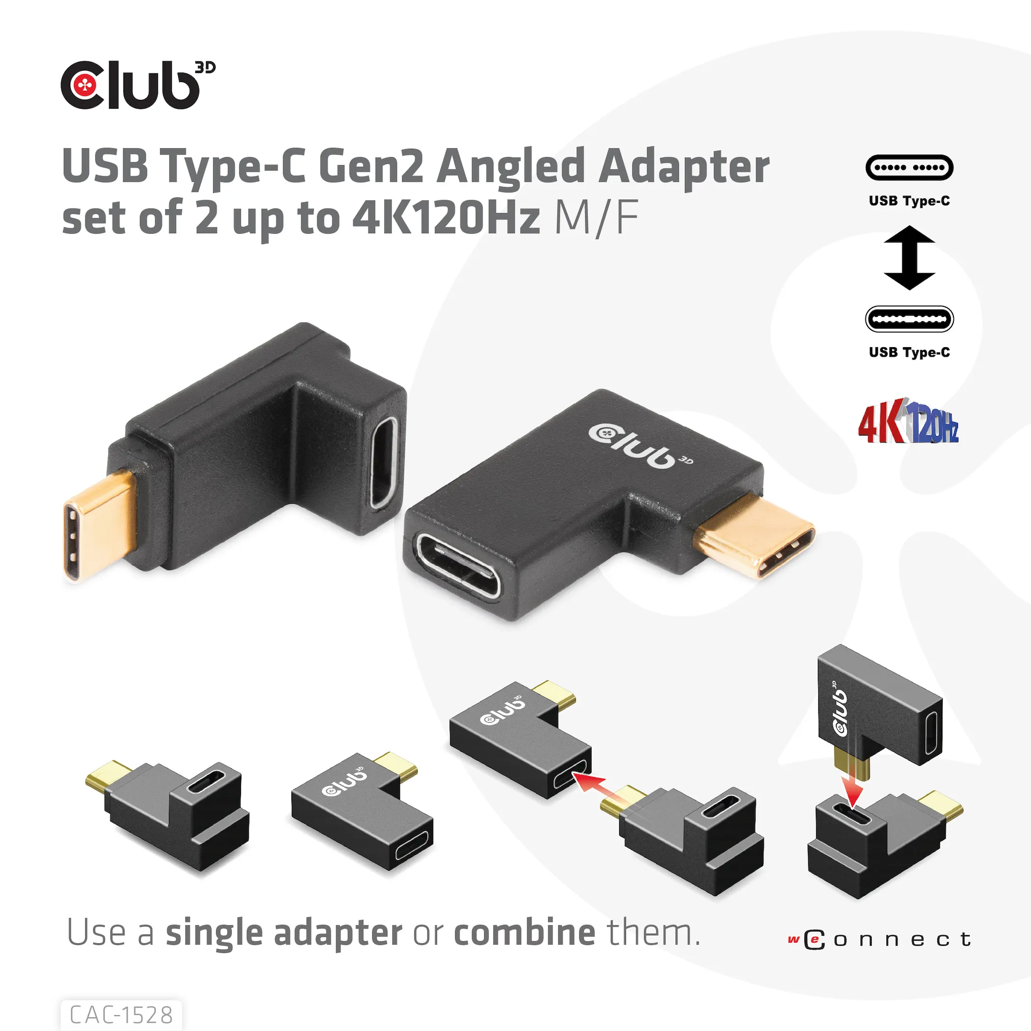 Club 3D USB-C Gen2 hane-hona vinklad - adapter, 4K120Hz, 2-pack, Svart Club 3D USB-C Gen2 hane-hona vinklad - adapter, 4K120Hz, 2-pack, Svart