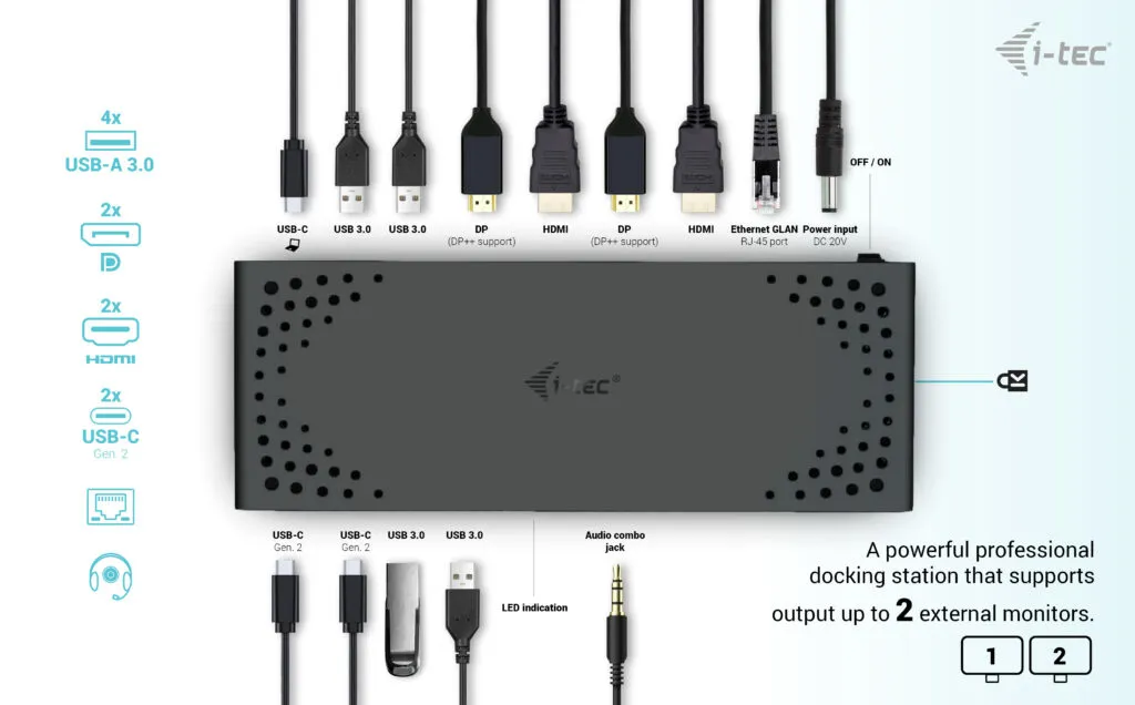 I-Tec  USB 3.0 / USB-C / Thunderbolt 3 Dual Display G2 PD 100W -telakointiasema