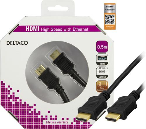 Deltaco HDMI &ndash; HDMI 2.0 -kaapeli, 0,5m, Musta