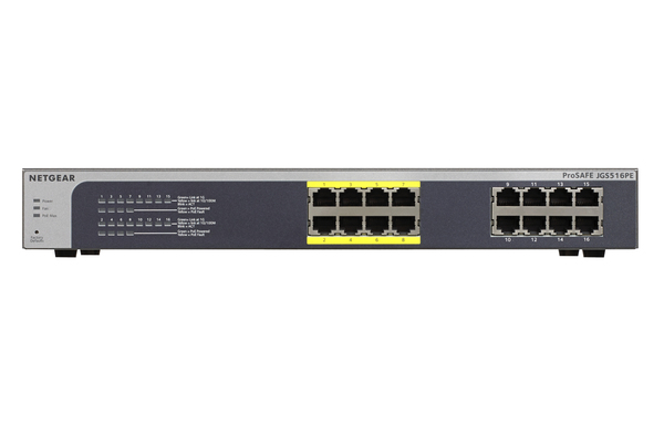NETGEAR ProSafe Plus JGS516PE - Kytkin - hallitsematon - 8 x 10/100/1000 (PoE) + 8 x 10/100/1000 - ty&ouml;p&ouml;yt&auml;, r&auml;kkiin asennettava - PoE (85 W)