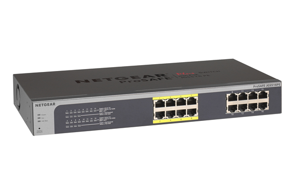 NETGEAR ProSafe Plus JGS516PE - Kytkin - hallitsematon - 8 x 10/100/1000 (PoE) + 8 x 10/100/1000 - ty&ouml;p&ouml;yt&auml;, r&auml;kkiin asennettava - PoE (85 W)