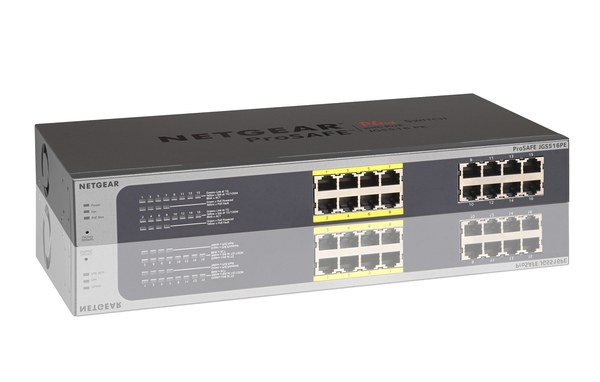 NETGEAR ProSafe Plus JGS516PE - Kytkin - hallitsematon - 8 x 10/100/1000 (PoE) + 8 x 10/100/1000 - ty&ouml;p&ouml;yt&auml;, r&auml;kkiin asennettava - PoE (85 W)