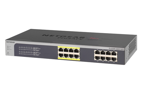 NETGEAR ProSafe Plus JGS516PE - Kytkin - hallitsematon - 8 x 10/100/1000 (PoE) + 8 x 10/100/1000 - ty&ouml;p&ouml;yt&auml;, r&auml;kkiin asennettava - PoE (85 W)