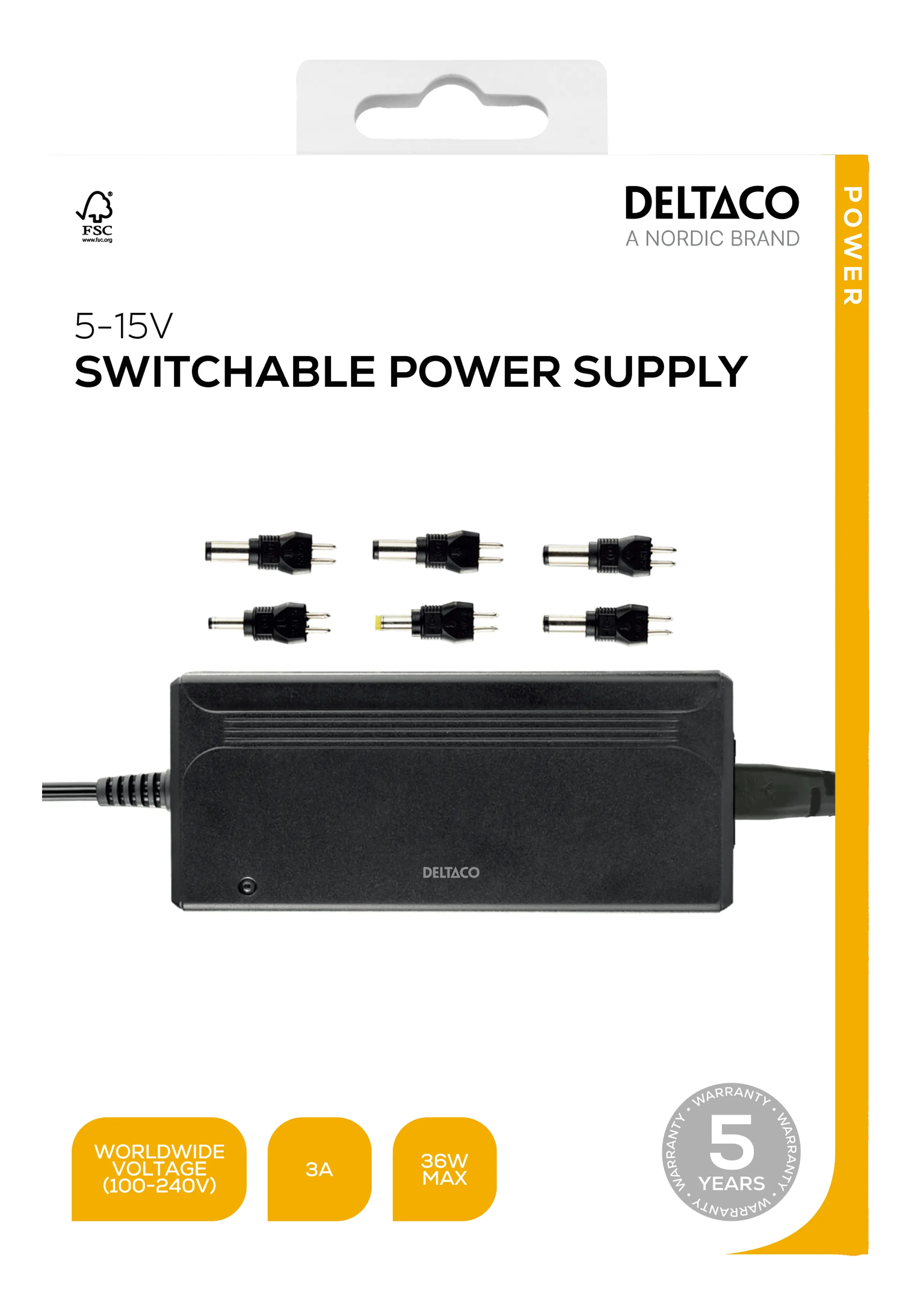 Deltaco 100-240 V, 5-15 V DC, 3 A max, 36 W, 6 tips - charger