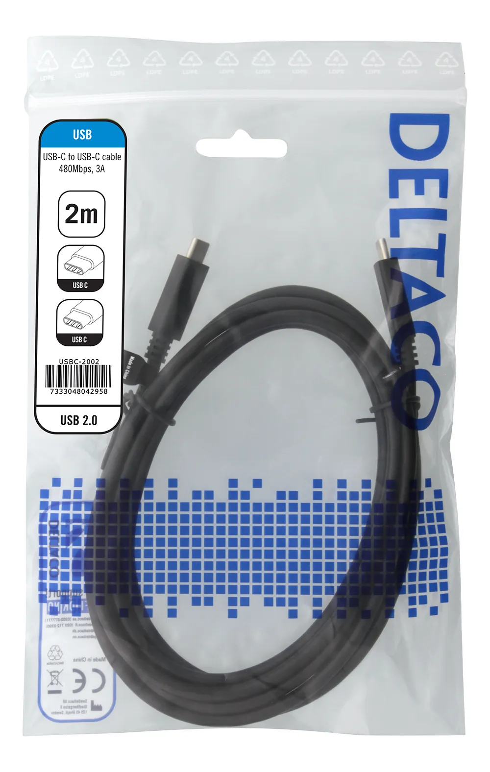 Deltaco USB-C &ndash; USB-C 2.0 -kaapeli, 2 m, Musta