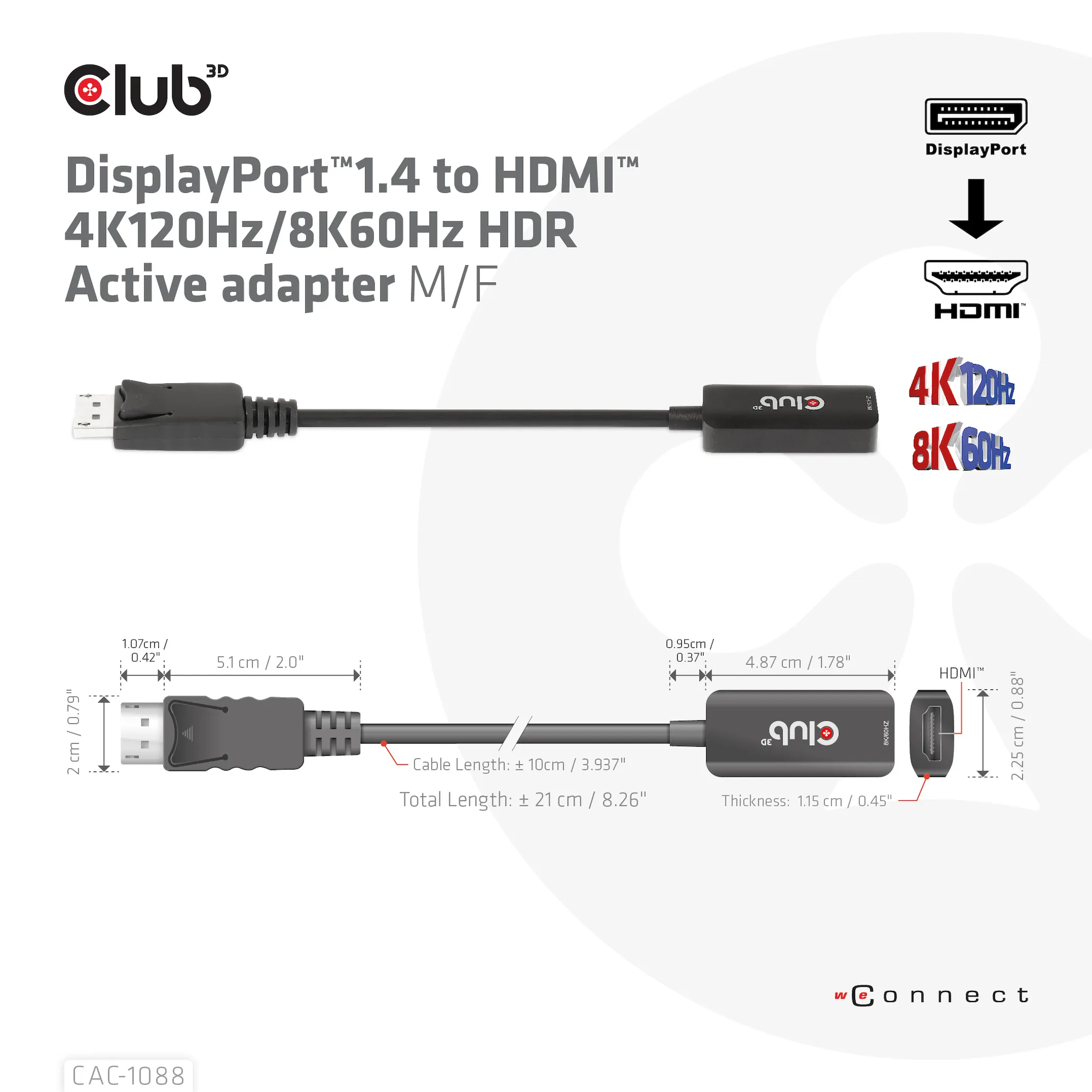Club 3D DisplayPort 1.4 - HDMI 4K120Hz/8K60Hz -sovitin, Musta