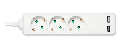 Deltaco  GT-0310 2 xUSB, 3 AC-pistorasia(a)-osainen jatkojohto, 1,5m, Valkoinen