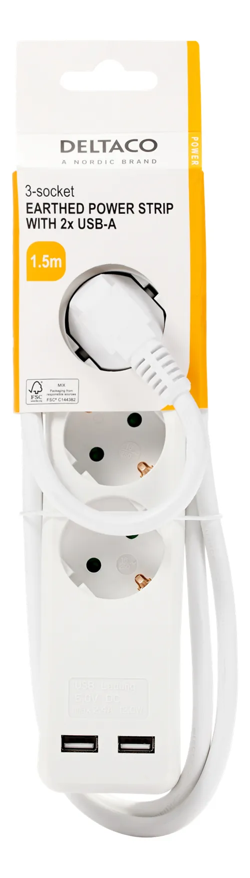 Deltaco  GT-0310 2 xUSB, 3 AC-pistorasia(a)-osainen jatkojohto, 1,5m, Valkoinen