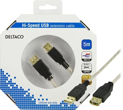 Deltaco USB-A - extension cable, 5 m, Beige/Black
