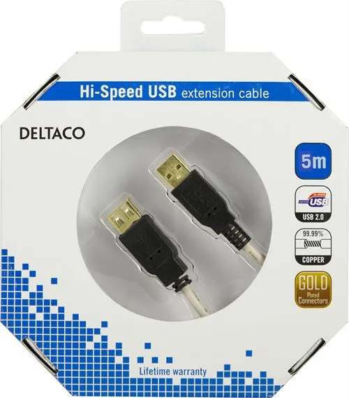 Deltaco USB-A - extension cable, 5 m, Beige/Black