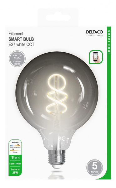 Deltaco SMART HOME LED-&auml;lylamppu, kierrekuvio, hehkulanka, E27, Wi-Fi, 2,4GHz, 5,5W, 300lm, valk.