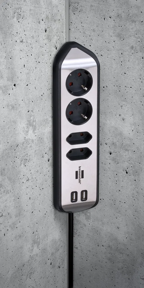 Brennenstuhl  2 xUSB, 4 AC outlet(s) outlets Power Strip, 2 m, Black/Silver