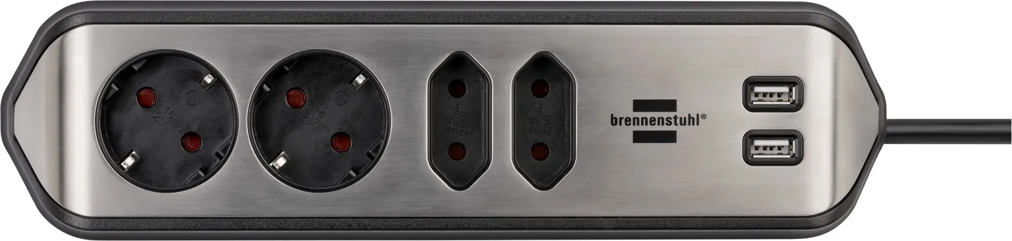Brennenstuhl  2 xUSB, 4 AC outlet(s) outlets Power Strip, 2 m, Black/Silver