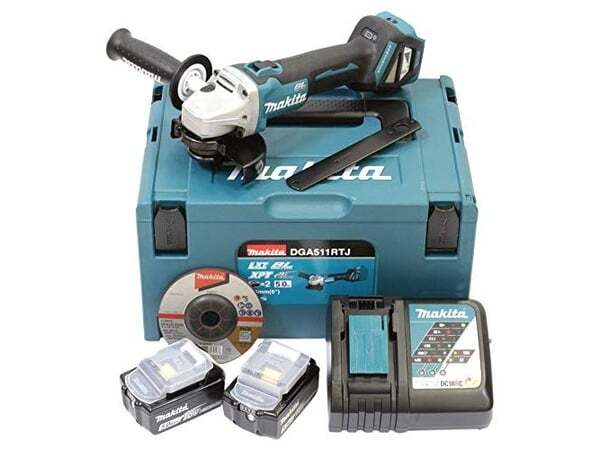 Makita &ndash; Vinkelslip 18 V, inkl. batteri (2 x 5,0 Ah) och laddare, MAKPAC 2