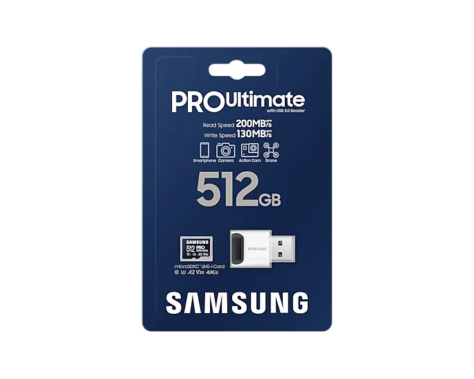 Samsung PRO Ultimate 512 GB MicroSDXC UHS-I U3 V30 A2 kort + USB-adapter, bl&aring;