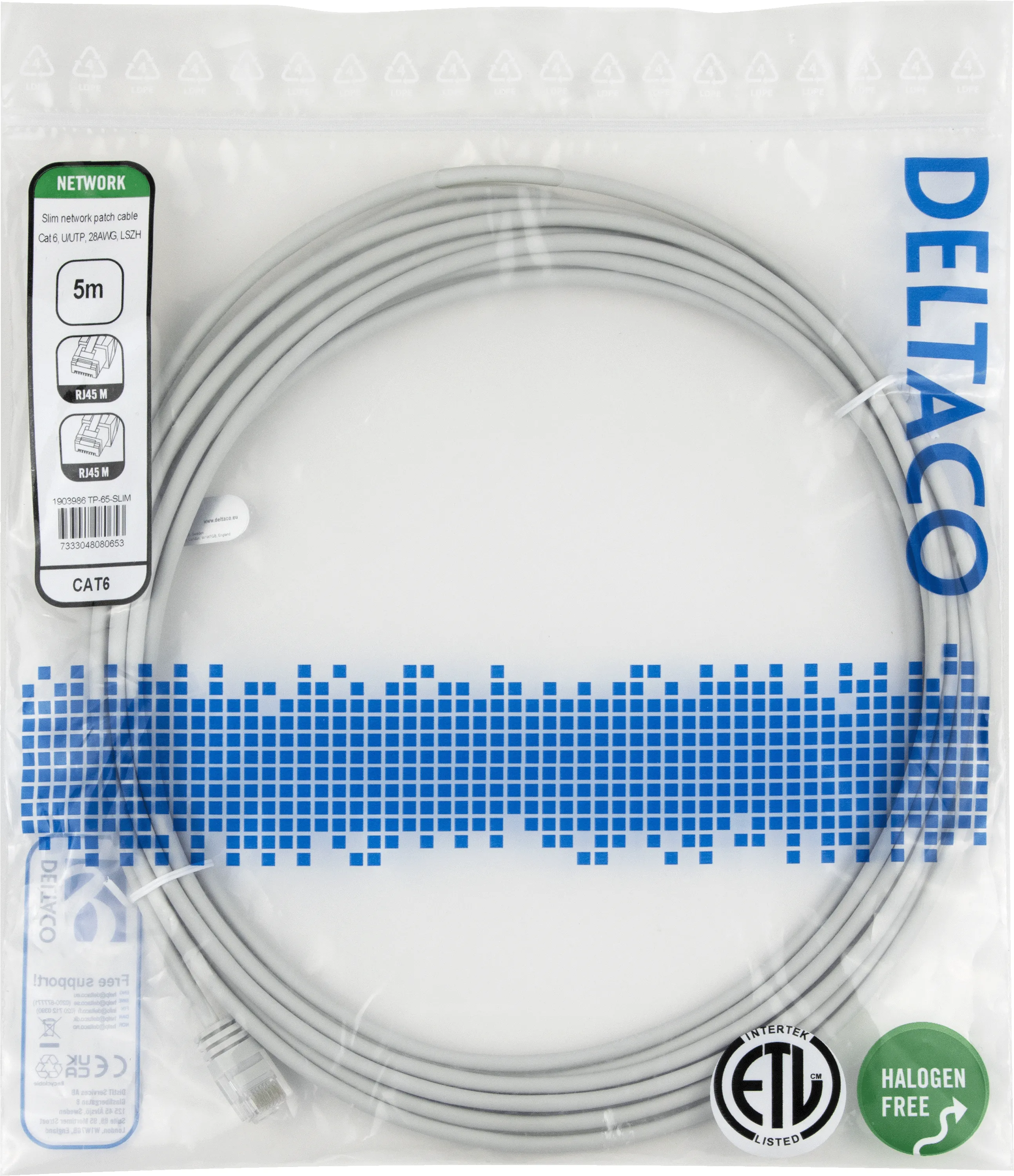Deltaco Cat6 UTP RJ45 5m Network Cable, Grey