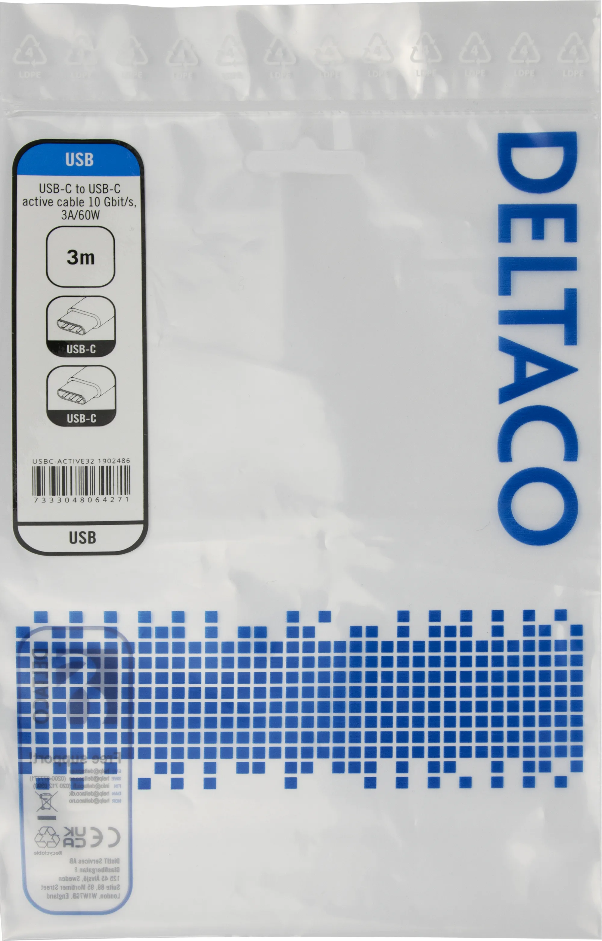 Deltaco USB-C - USB-C Aktiv USB - kabel, Svart, 3m