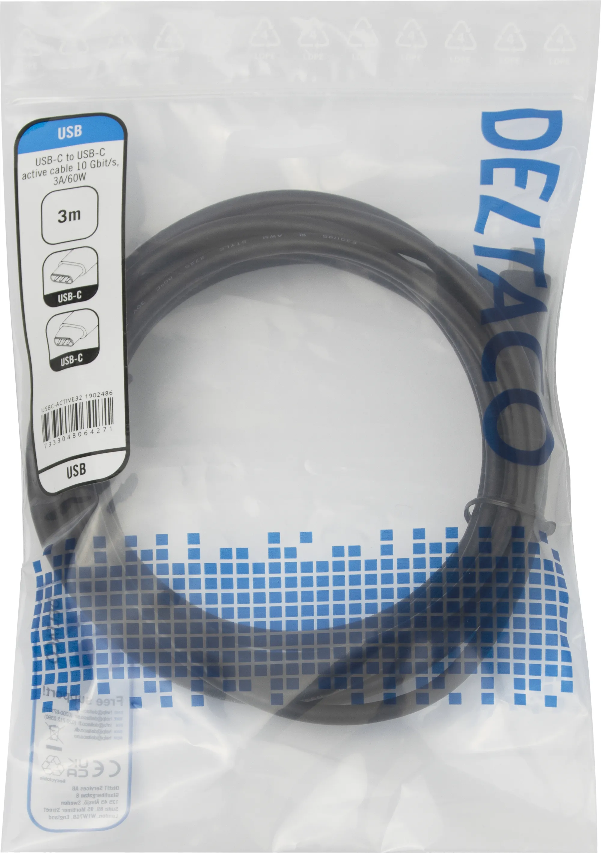 Deltaco USB-C - USB-C Aktiv USB - kabel, Svart, 3m