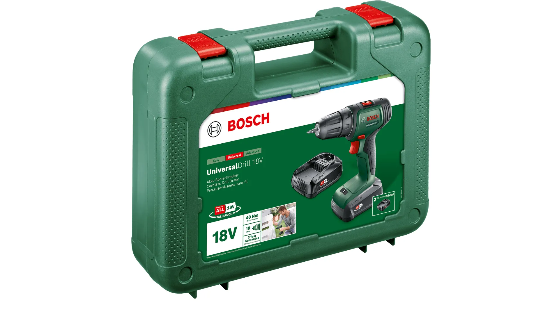 Bosch Cordless drill UniversalDrill 18V (green/black, 2x Li-ion battery 1.5Ah, case)
