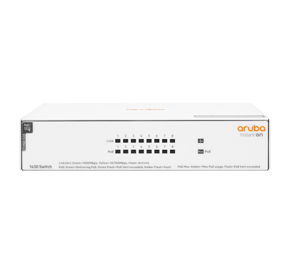 HPE Aruba Instant On 1430 8G Class4 PoE 64W Switch - Kytkin - hallitsematon - 8 x 10/100/1000 (PoE Class 4) - työpöytä, räkkiin asennettava, seinään asennettava