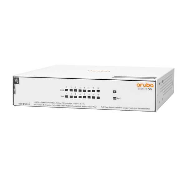 HPE Aruba Instant On 1430 8G Class4 PoE 64W Switch - Kytkin - hallitsematon - 8 x 10/100/1000 (PoE Class 4) - työpöytä, räkkiin asennettava, seinään asennettava