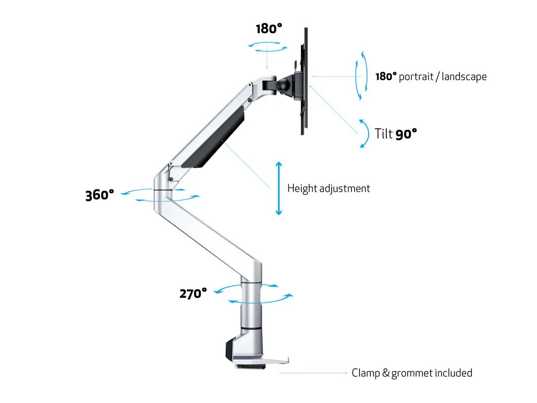 Multibrackets M VESA Gas Lift XL Single HD Monitor Arm, for 1 monitor, 15-49", with gas spring, 18kg, Silver