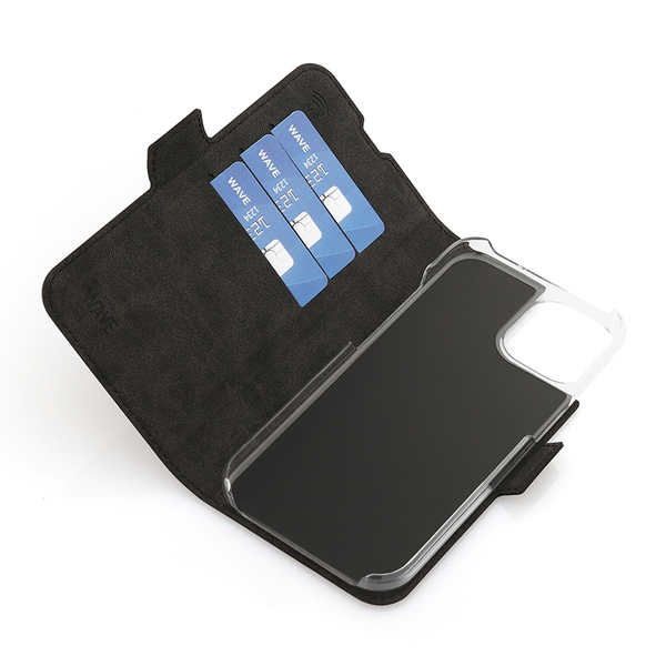 Wave Book Case musta suojakotelo Apple iPhone 15 puhelimelle. MagSafe-yhteensopiva. Magneettisulkuinen kansi, korttipaikat RFID suojauksella ja l&auml;pin&auml;kyv&auml; muovi