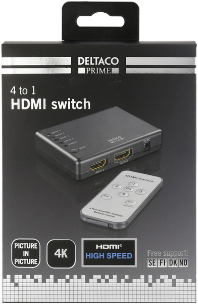DELTACO PRIME HDMI-Kytkin, 4-1, kuva kuvassa toiminto, musta