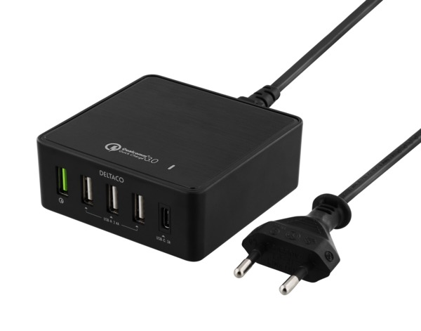 DELTACO Quick Charge 3.0 v&auml;ggladdare med USB-C,3xUSB-A,1xUSB-C, svart