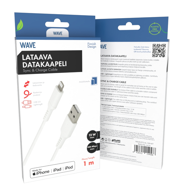 Wave USB-A - Lightning - kabel, 1m, Vit